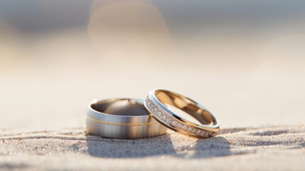 Obraz na płótnie Canvas Wedding rings arranged on it, set against the backdrop of a serene beach.