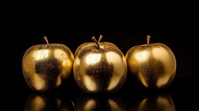Conceptual dark still life image of a gilded gold Apples isolated on a black background