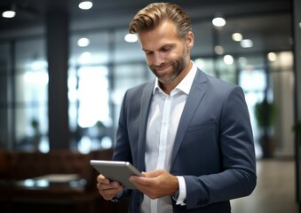 Naklejka na ściany i meble Handsome happy middle aged business man, ceo wearing suit standing in office using digital tablet. Smiling mature businessman looking away thinking working on tech device