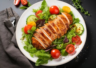 Tasty grilled chicken salad breast, fillet, steak and fresh vegetable, top view, copy space. Healthy keto, ketogenic lunch menu with chicken meat and organic veggies salad and greens.
