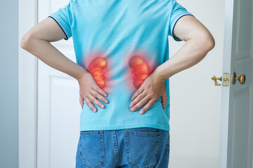Back pain, kidney stones, inflammation and disease, man suffering from backache at home