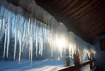 A lot of big icicles hanging from the roof of a house.