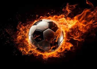 Burning football ball bright flamy symbol abstract on black background 