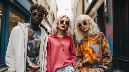Men and two ladies with stylish individuals in trendy street fashion, showcasing the diversity and uniqueness of urban culture