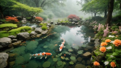 photo of a clear view of a koi fish pond in a garden made by AI generative - obrazy, fototapety, plakaty