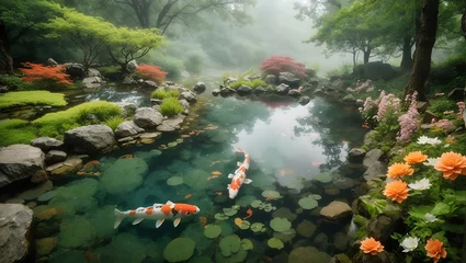 Fotobehang photo of a clear view of a koi fish pond in a garden made by AI generative © M.Taufiq
