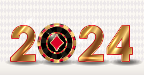 Happy 2024 new year with casino xmas diamonds poker chip. vector illustration