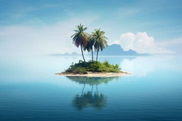 Isolated island with one palm tree, pristine water. Generative AI - obrazy, fototapety, plakaty
