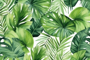 Illustration of a seamless pattern with green leaves in a tropical watercolor style. Generative AI
