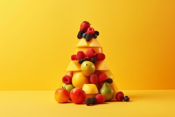 A fruit and berry pyramid in balance on a yellow background, forming a collage. Close-up shot with copy space. Generative AI
