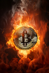 Vibrant photo of a bitcoin on fire