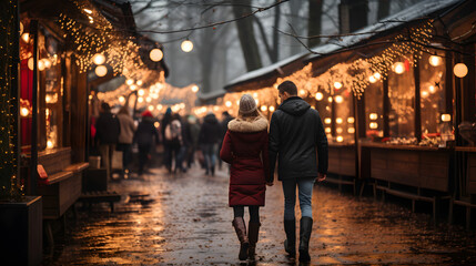 Enjoying Christmas Market, a couple walking near stalls - obrazy, fototapety, plakaty