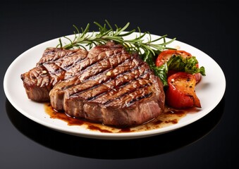 Top view barbecue grilled and sliced Rib Eye beef meat steak on a plate on dark background