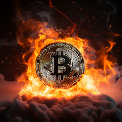 Vibrant photo of a bitcoin on fire