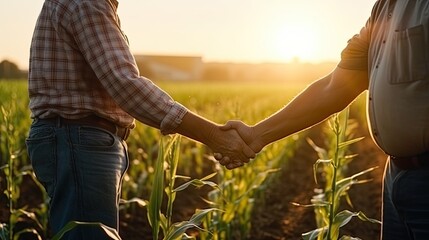 Fototapeta na wymiar Male farmer and agronomist shaking hands while standing in cultivated green corn field during sunset against sky