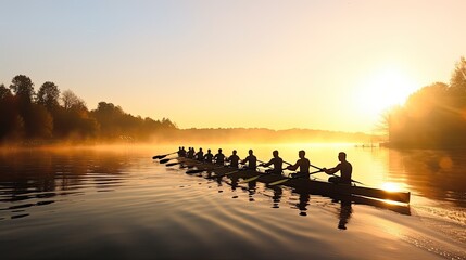 Mixed race rowing team training on a lake at dawn