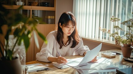 Overhead view of young Asian woman managing personal banking and finance at home. Planning budget and calculating expenses with calculator. Managing taxes and financial bills. Concept of finance 