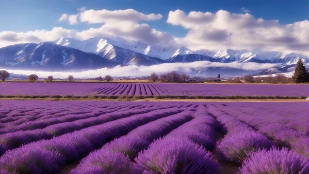 photo of a view of a vast lavender plantation with a beautiful snowy mountain backdrop made by AI generative


