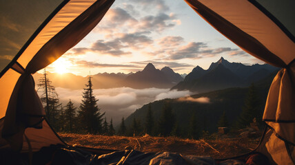 View from tent with sunrise, clouds, and mountains background.