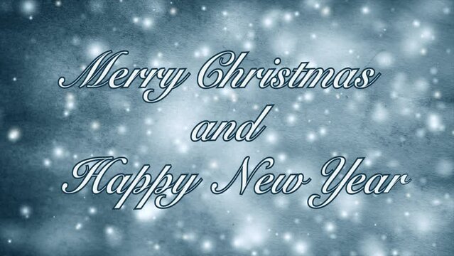 Merry Christmas and Happy New Year words design on a paper background with white and blue spots and animated snow. Loop seamless animation text background. Motion gif animated looping backdrop.