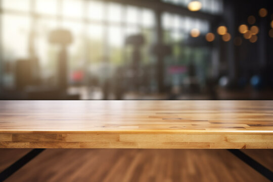 Top of surface wooden table with blurred fitness gym   background.