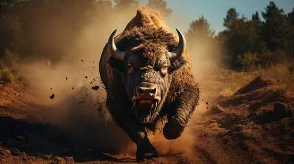 Poster Bison in the steppe. Bison in the steppe. Bison running in the mud. Wild animal. 3d rendering © vachom