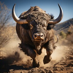 Bison in the steppe. Bison in the steppe. Bison running in the mud. Wild animal. 3d rendering