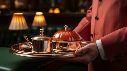 Close-up of the hands of a man in a suit holding a glass dome with a cake.
