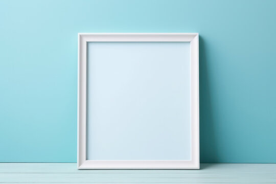 Blank Canvas, Empty Photo Frame on Desk Against a Serene Blue Pastel Wall, Awaiting Cherished Memories
