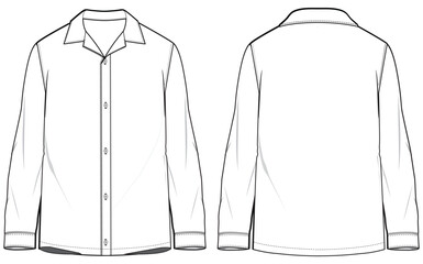 Men's long sleeves pajama shirt flat sketch illustration drawing, Lounge pyjama Woven night wear shirt for sleep wear and casual wear fashion illustration template mock up