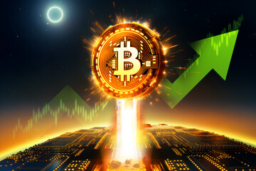 Bitcoin price rising up on flame to the moon, Crypto Uptrend chart, Bullish, Bull run, Digital money Cryptocurrency trading - obrazy, fototapety, plakaty