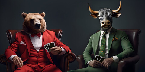 Bear and bull on the couch playing cards. Stock market investment concept, Bullish, Bearish