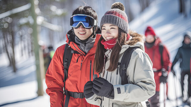 Happy asian Couple in Winter ski slope. Vacation in mountain resort