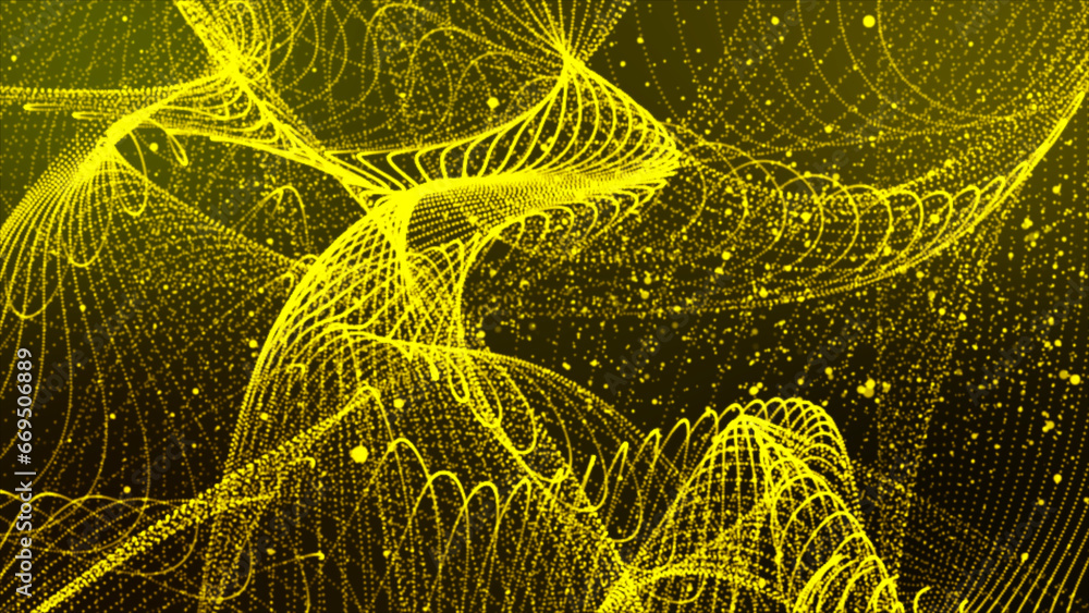 Poster yellow color abstract dots or particle backgrounds. 3d rendering of bright glowing purple distorted 
