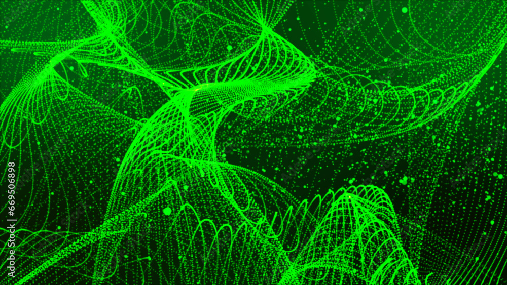 Poster green color abstract dots or particle backgrounds. 3d rendering of bright glowing purple distorted p