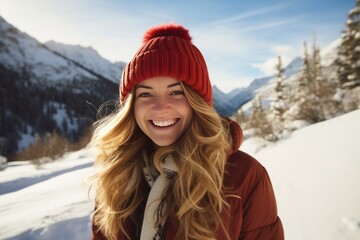 Fototapeta na wymiar Beautiful blond haired young woman in a knitted red hat walks and smiles in a snowy winter mountains. Happy girl's face portrait close-up front view. Generative AI.