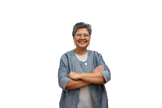 Asian Senior businesswoman standing arms crossed and look at camera on isolated white background.