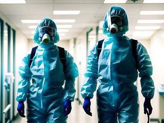 team in protective suit and respiratory mask, in building to disinfect atmosphere with radioactivity, environment concept, generative ai - obrazy, fototapety, plakaty