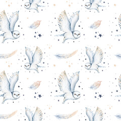 Seamless watercolor pattern nursery polar arctic animals watercolor collection set. snowy owl. reindeer. polar bear. fox. penguin, walrus. seal and oeca, hare whale © kris_art