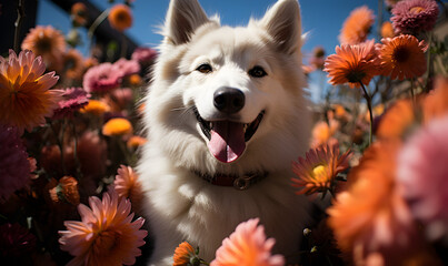 Husky dog surrounded by a field of flowers, happy dog - Generative AI