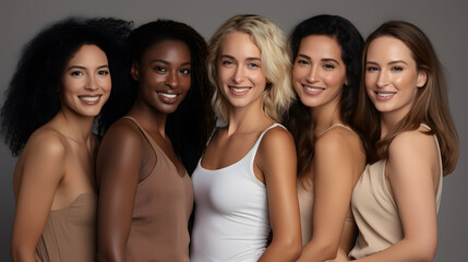 Fototapeta premium Diverse group of women standing together, multicultural female beauty, diversity concept.