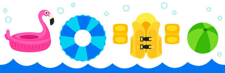 Set of inflatable accessories for swimming. Inflatable pink flamingo for swimming pool. Blue lifebuoy, yellow kids’ life jacket and green ball for games © Mariia