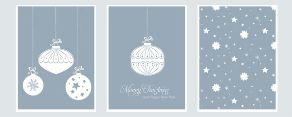 Christmas set of bauble decoration with snowflakes stars and gift. Vector illustration with greeting text for banner or card.