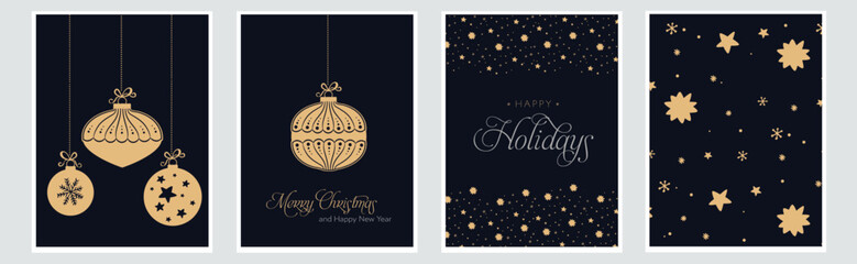 Christmas set of bauble decoration with snowflakes stars and gift. Vector illustration with greeting text for banner or card. - obrazy, fototapety, plakaty
