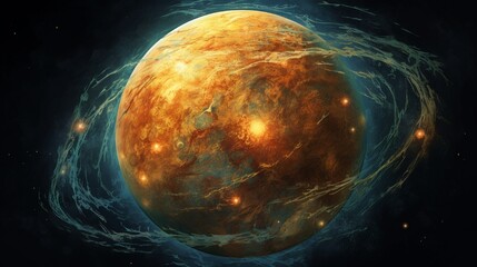 Astronomical telescopic view of a planet combined with intricate brush strokes of an oil painting.