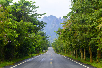 Road to Noen Maprang, high limestone mountain at the end of asphalt road, travel in Phitsanulok, Thailand