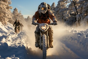 Winter thrills: motorbike racing through a snowy forest