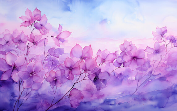 Abstract watercolor illustration with purple flowers in the sky