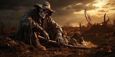 A skeleton lay on the spooky ground. Skeleton like death by Generative AI - obrazy, fototapety, plakaty