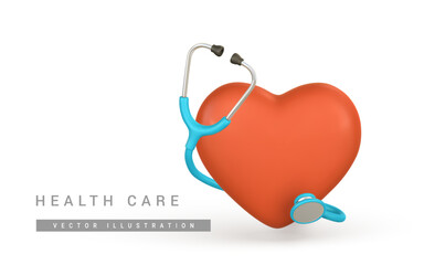 3d realistic medical stethoscope with heart icon in cartoon style. Wellness and online healthcare concept. Vector illustration